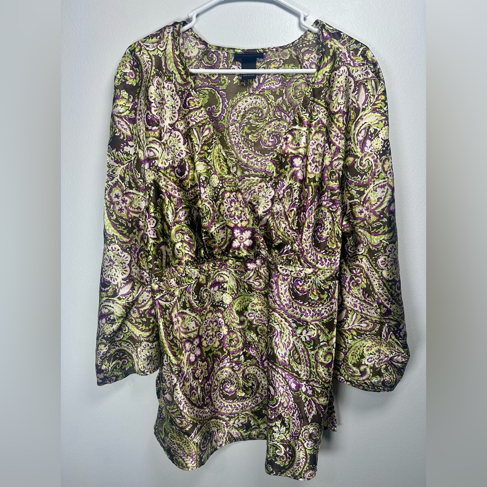 Lane Bryant Paisley Print V neck Women's Satin Top Brown Purple Green size 14/16